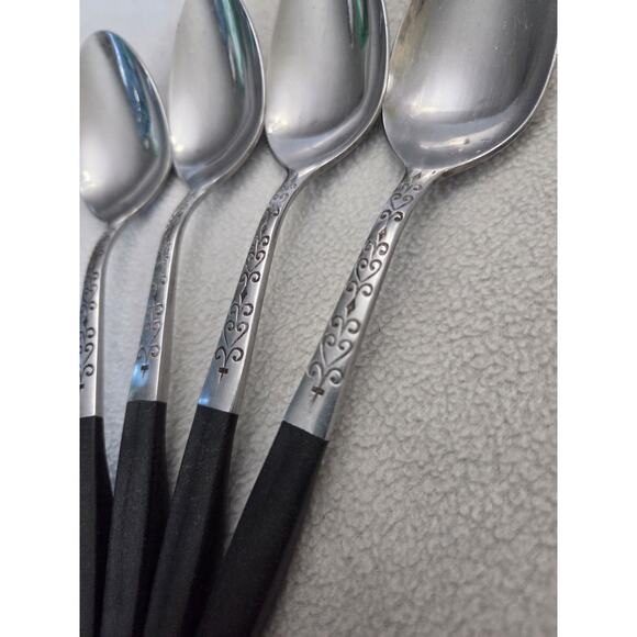 Lot 4 Vintage Tablespoons Interpur Swirl Black Silverware Spoons Large MCM - Picture 2 of 5